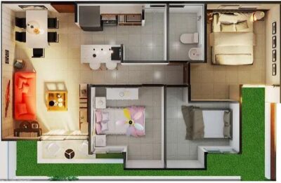 Plano 3D del apartamento Tipo B de Arrecifes del sol, un proyecto que aplica para Bono Primera Vivienda