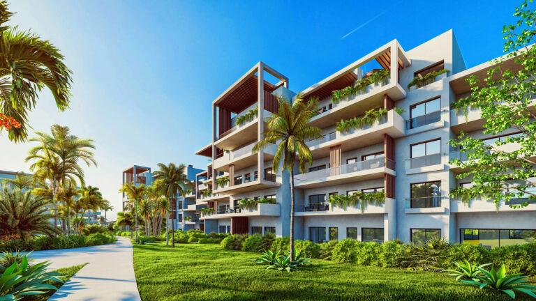 Fachada de un bloque de apartamentos de The Seed Punta Cana