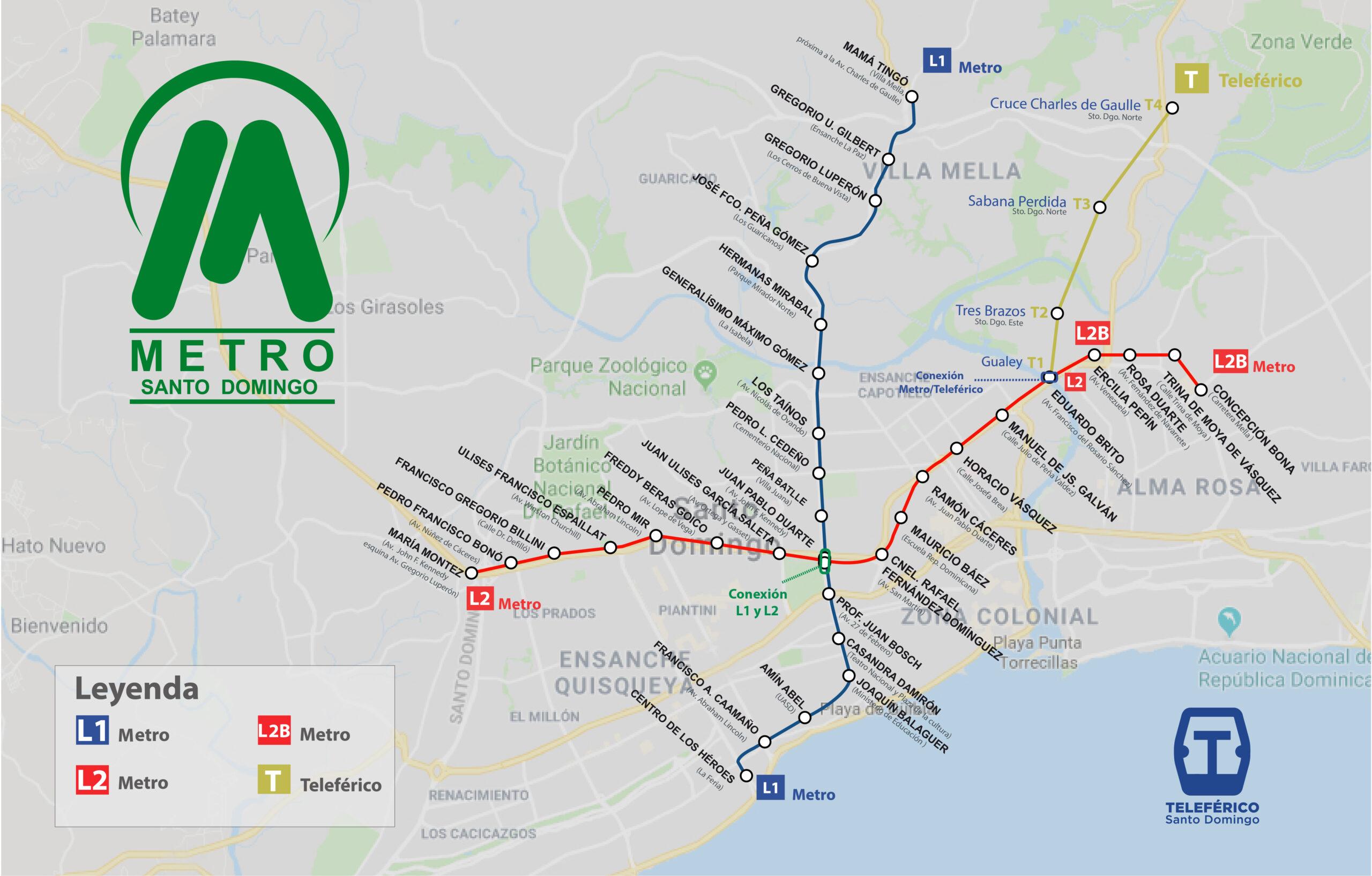 Mapa de las lineas 1 y 2 del Metro de Santo Domingo