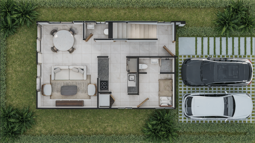 Casa Tipo B plano 1er. piso del proyecto Senderos del Arroyo Santo Domingo